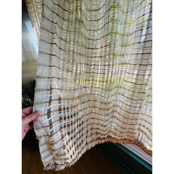 Vintage 70s net woven curtain, beige brown large mesh, rod header single panel - Picture 2 of 6